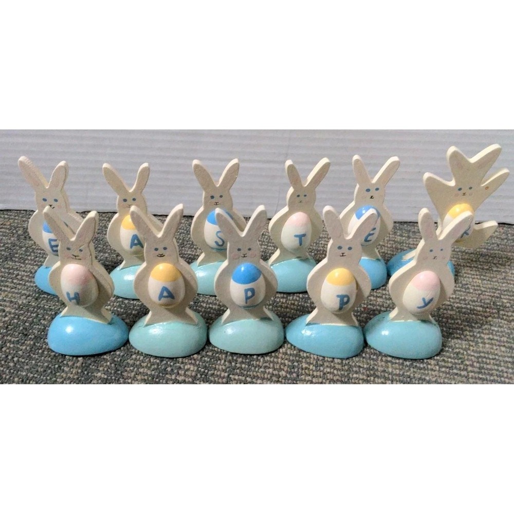 Vintage Happy Easter Spell Out Wood Bunnies Eggs‎ Bunny Figures Double Sided